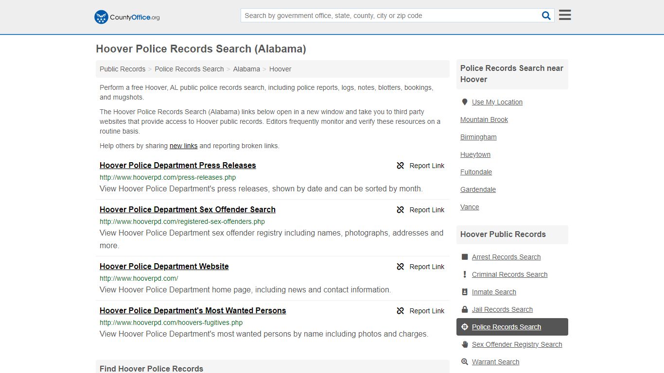 Hoover Police Records Search (Alabama) - County Office