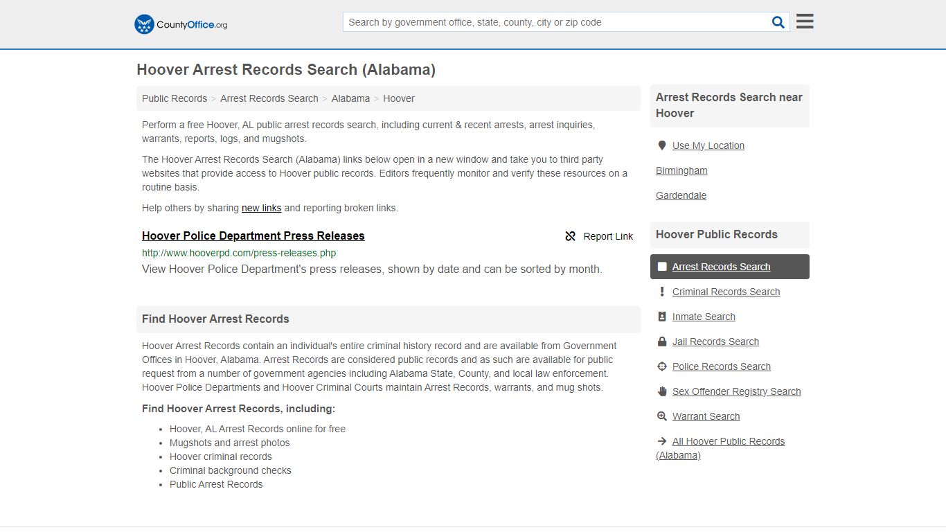 Arrest Records Search - Hoover, AL (Arrests & Mugshots) - County Office